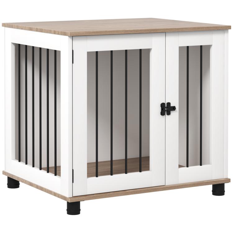 White dog kennel end table with walnut top and front lockable door