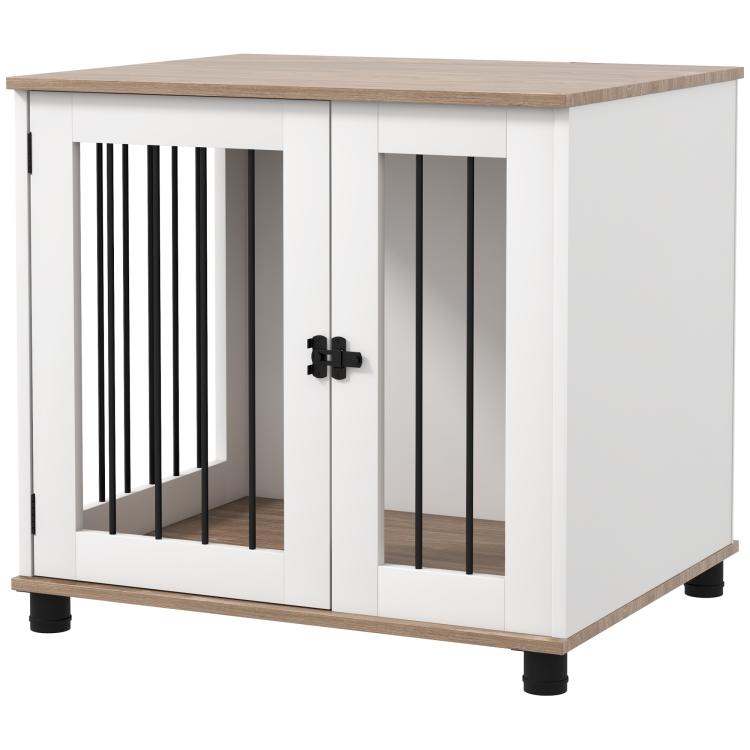White dog kennel end table with walnut tabletop, black bars, and locking latch