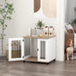 White dog kennel end table with walnut top, side door opening, and dog