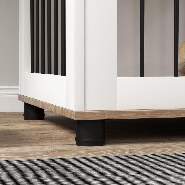 Dog kennel end table with black feet and white cabinet panels with black bars