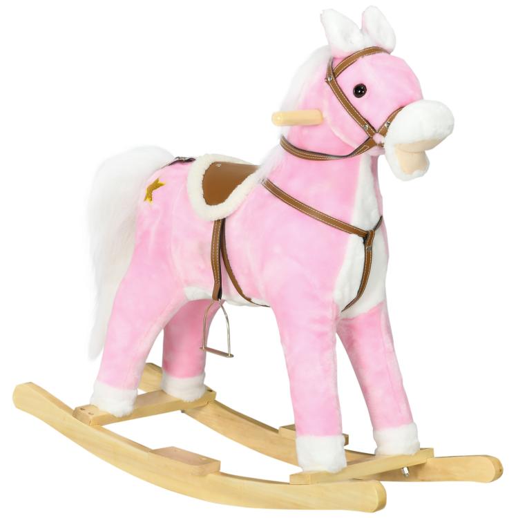 Pink plush rocking horse ride-on with wooden base, white mane, brown bridle