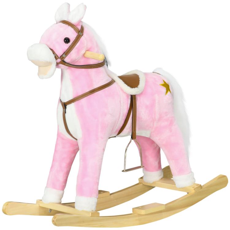 Pink plush rocking horse ride-on with curved wooden rockers and brown leather-style harness