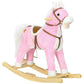 Pink and white plush rocking horse with wooden rockers and reins