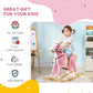 Pink plush rocking horse ride-on for toddlers with wooden rocker base and star on side