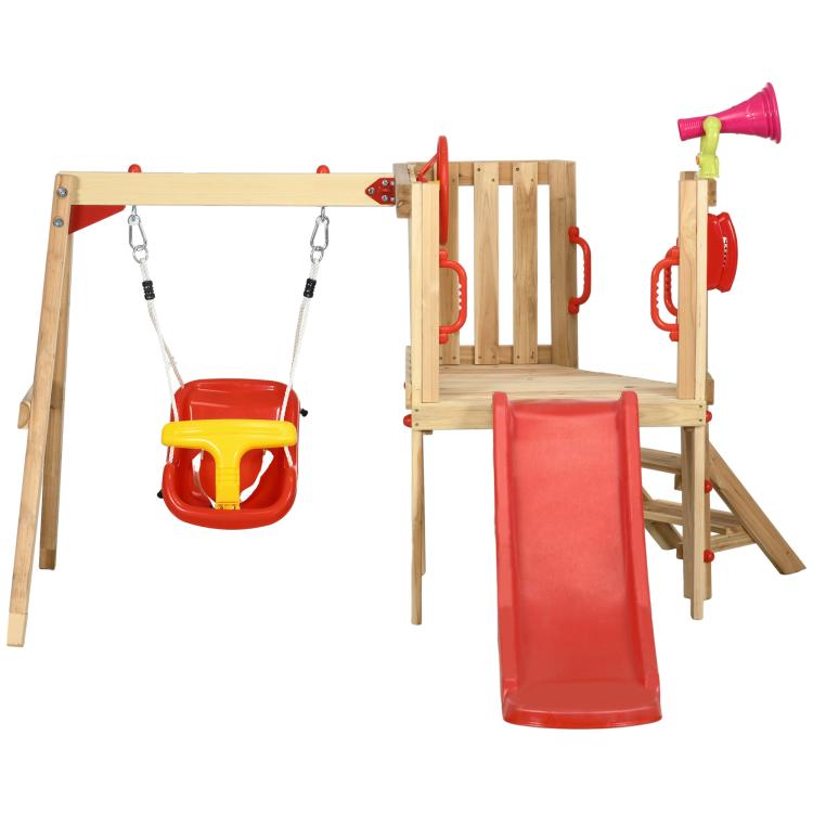 Wooden play set with red slide, yellow swing seat, and hanging swing