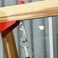 Wooden swing set swing chain and red support bracket on wood beam