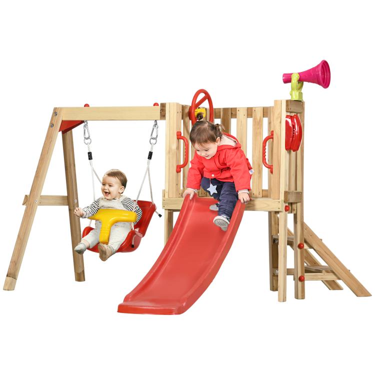 4-in-1 wooden swing set with slide, two swings, steering wheel and horn, red
