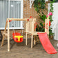 Wooden swing-and-slide play set with red slide chute and yellow swing seat