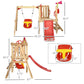 Wooden 4-in-1 play set diagram with red slide and hanging swing
