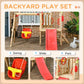 Backyard play set with red slide, yellow swing seat, and wooden frame