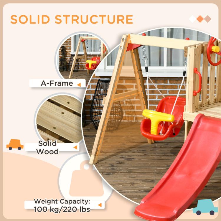 A-frame wooden play set with red slide and hanging swing seat