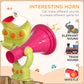 Green and pink horn toy mounted on a wooden play set