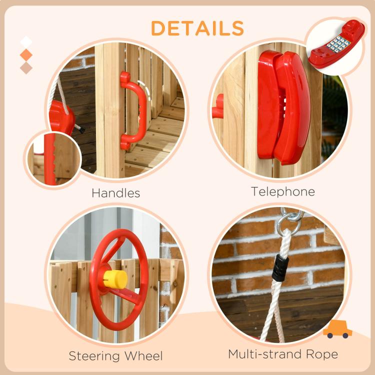 Wooden play set parts shown: steering wheel, telephone, handles, and rope