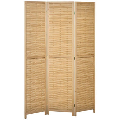 3-panel bamboo folding room divider with natural woven panels and light wood frame