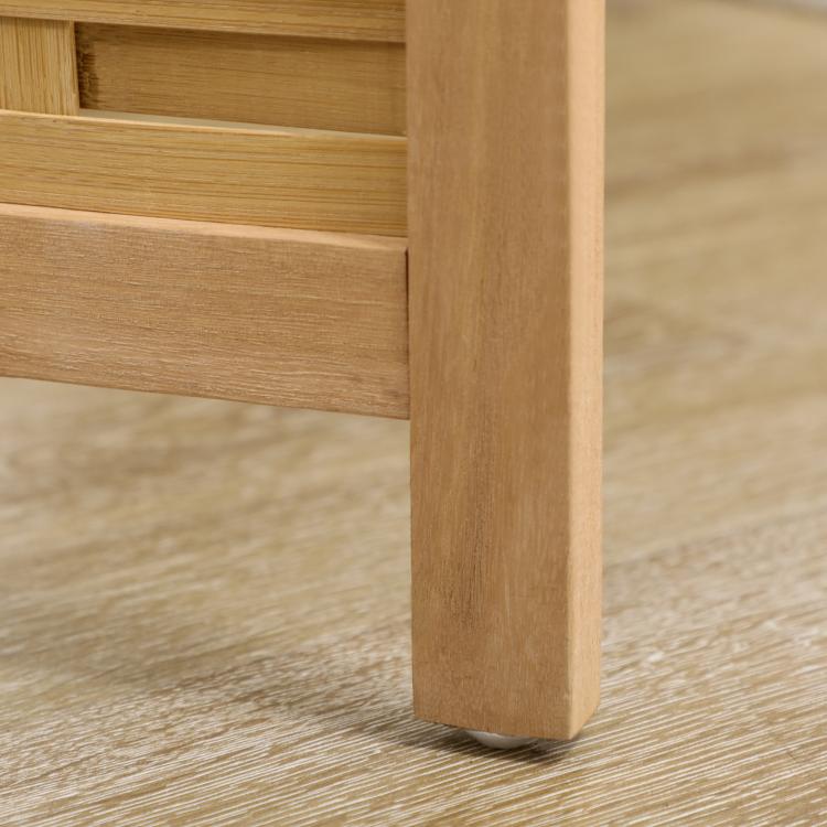 Bamboo folding room divider screen, natural wood color, close-up of bottom edge