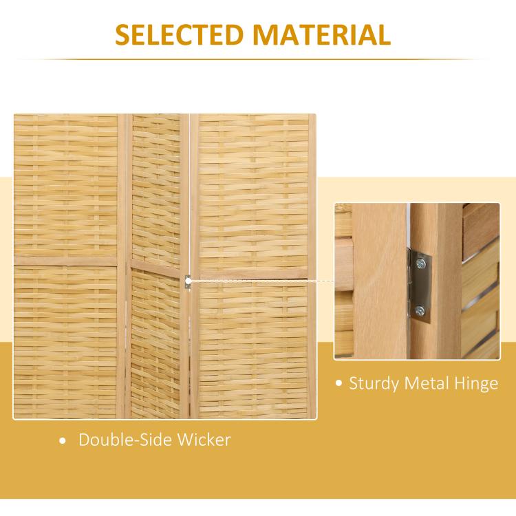 Natural bamboo room divider with woven panels and metal hinge hardware detail