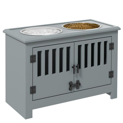 Gray dog feeding station cabinet with two top bowls and slatted front doors