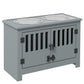 Gray dog feeding station cabinet with two stainless steel bowls, slatted doors, and latches