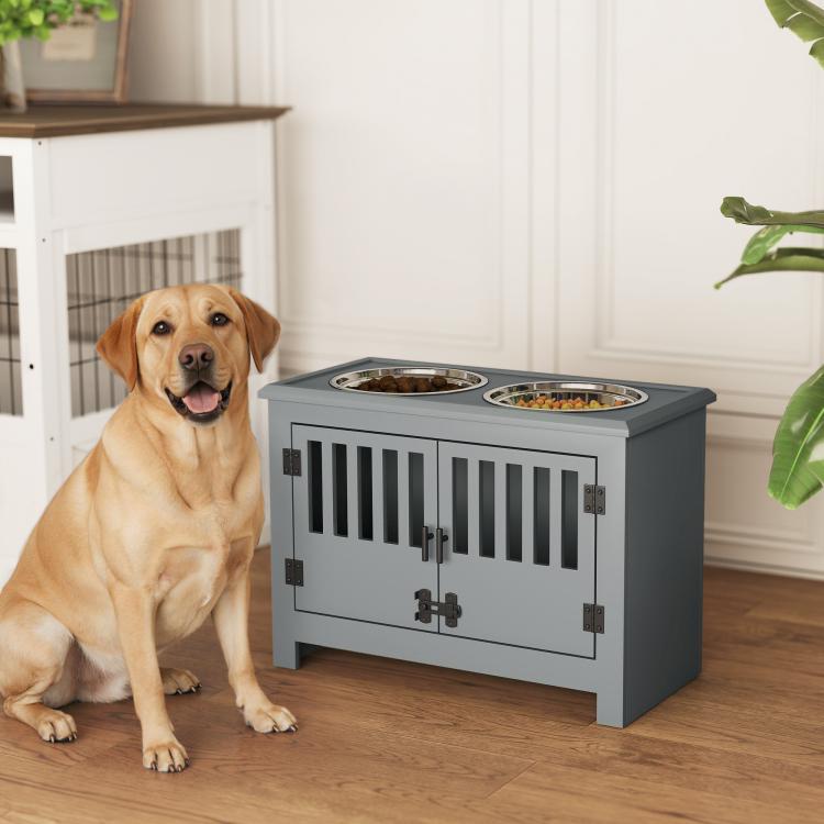 Gray dog feeding station with two top bowls and slatted door panels