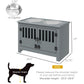Gray dog feeding cabinet with two top bowls and front slatted door panels