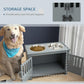Gray elevated dog feeding cabinet with open storage compartment and two top bowls