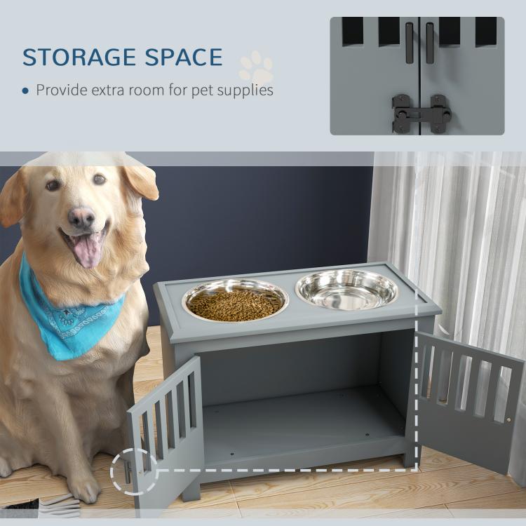 Gray elevated dog feeding cabinet with open storage compartment and two top bowls