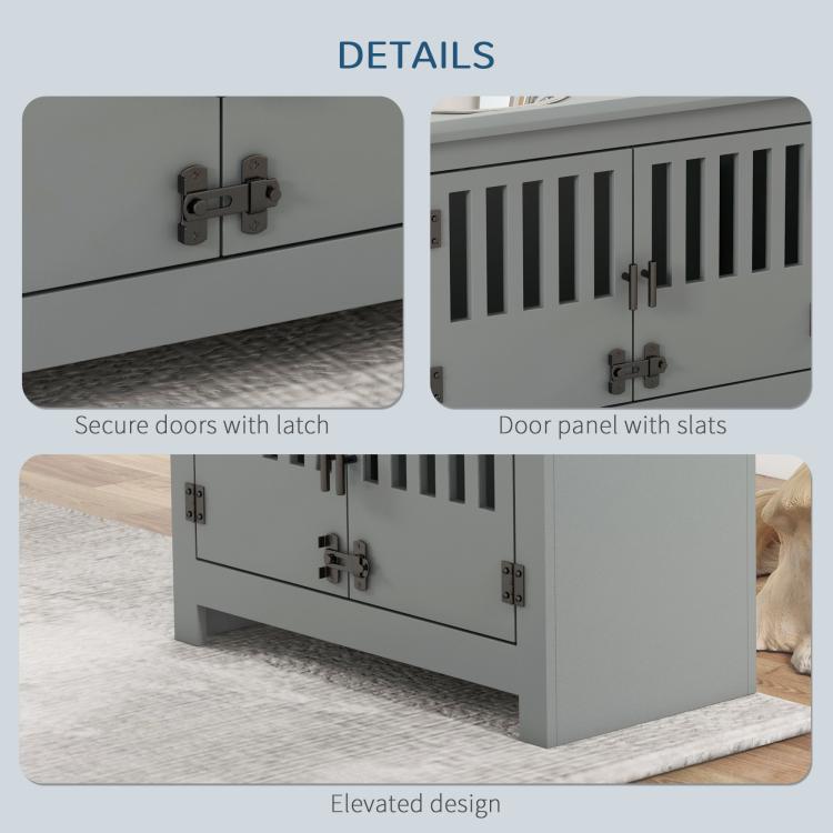 Gray dog food cabinet with latch-secured doors and slatted front panel