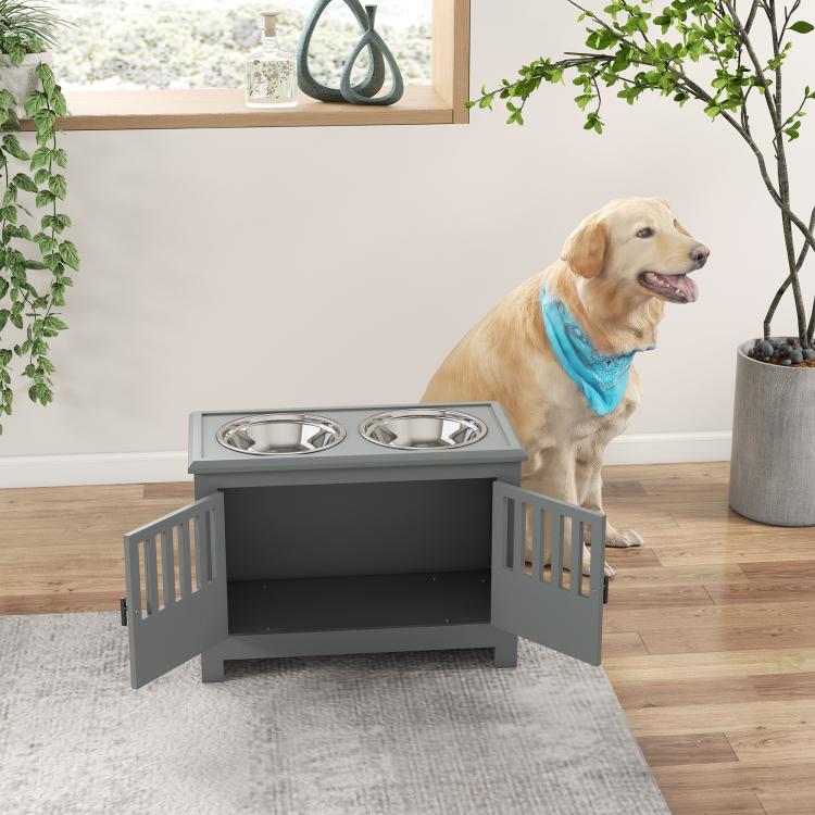 Gray dog feeding station with two top bowls and open front storage space