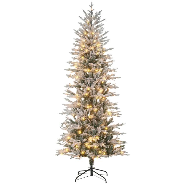 7.5 ft flocked artificial Christmas tree with warm clear lights and snow-dusted branches