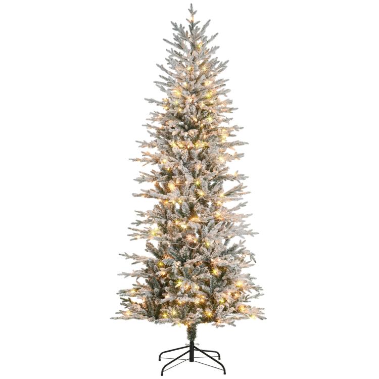 7.5 ft flocked artificial Christmas tree with warm clear lights and snow-dusted branches