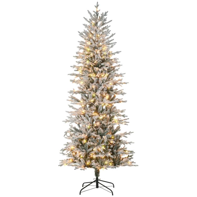 7.5 ft flocked artificial Christmas tree with snow branches and warm yellow lights on stand