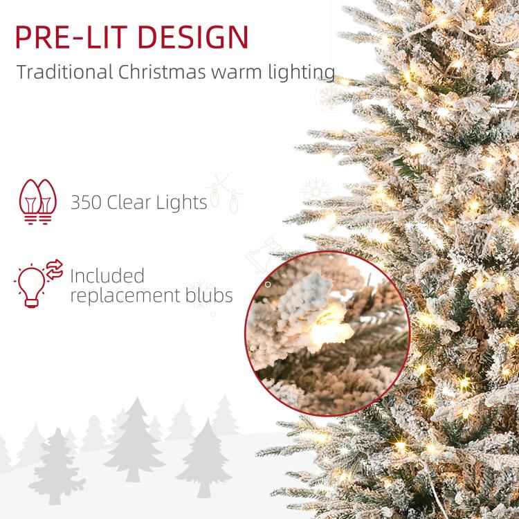 Pre-lit flocked artificial Christmas tree with warm clear lights and included replacement bulbs
