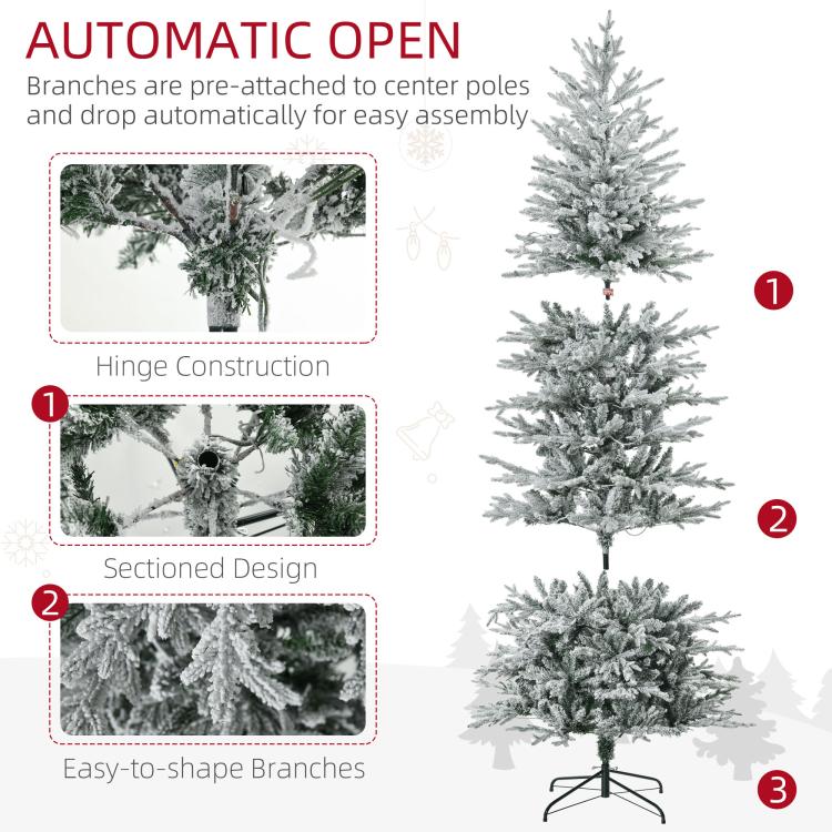 Auto-open flocked artificial Christmas tree with hinge and sectioned branches for easy assembly