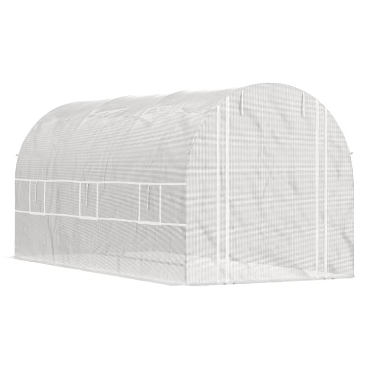 White tunnel greenhouse with full-length roll-up side panels and arched steel frame