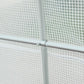 White tunnel greenhouse frame with mesh panels and connector tube detail
