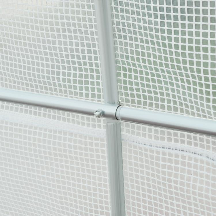 White tunnel greenhouse frame with mesh panels and connector tube detail