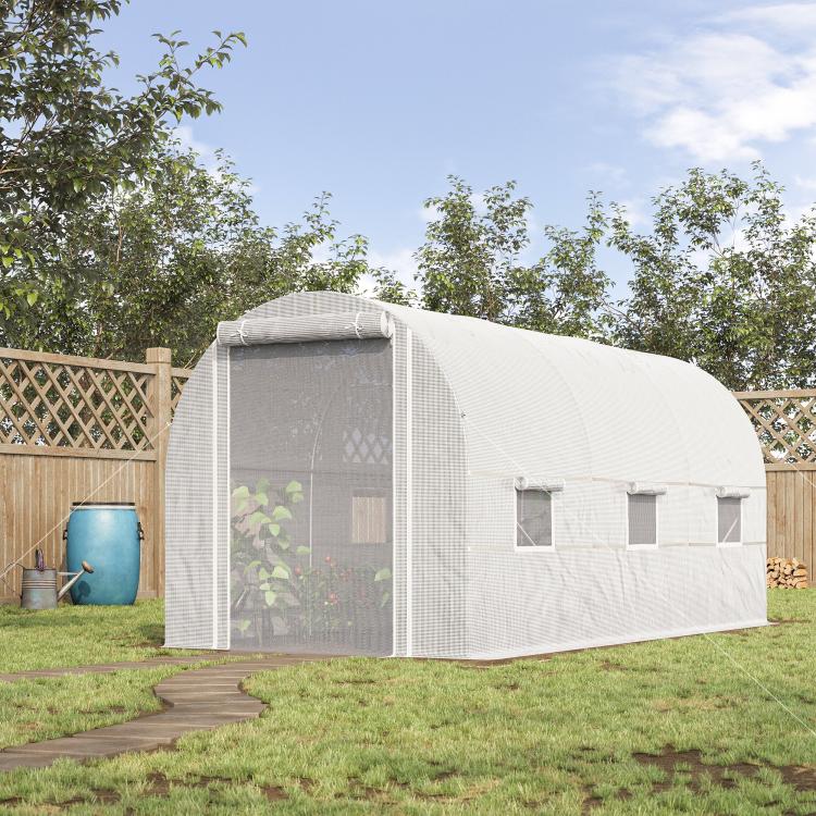 White walk-in tunnel greenhouse with roll-up door and multiple window openings
