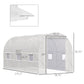 White tunnel greenhouse with door opening and side roll-up windows, with dimensions shown