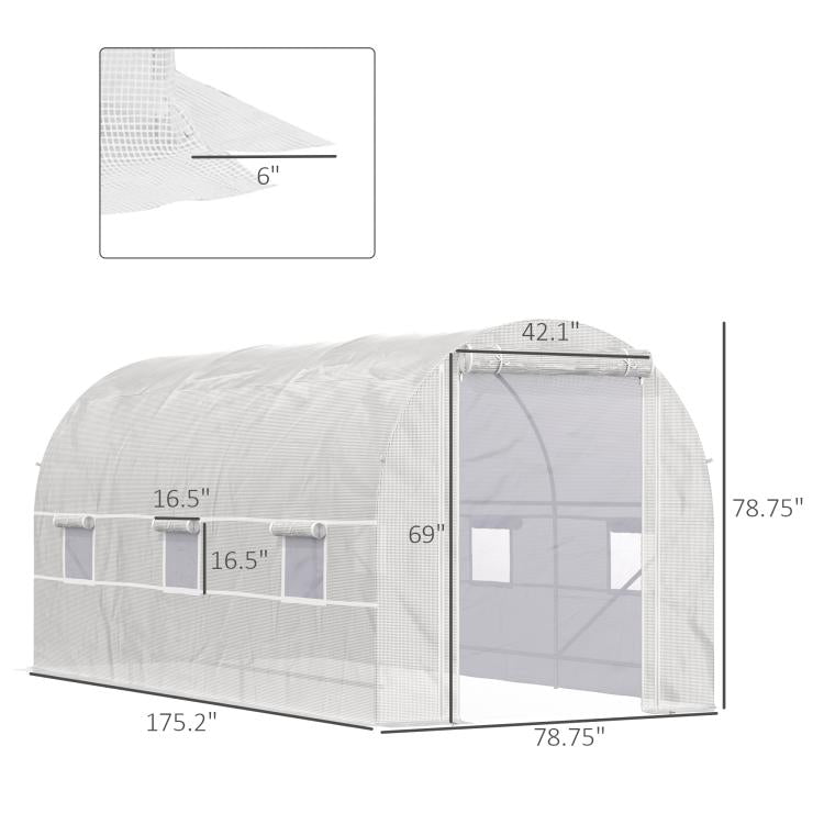 White tunnel greenhouse with door opening and side roll-up windows, with dimensions shown