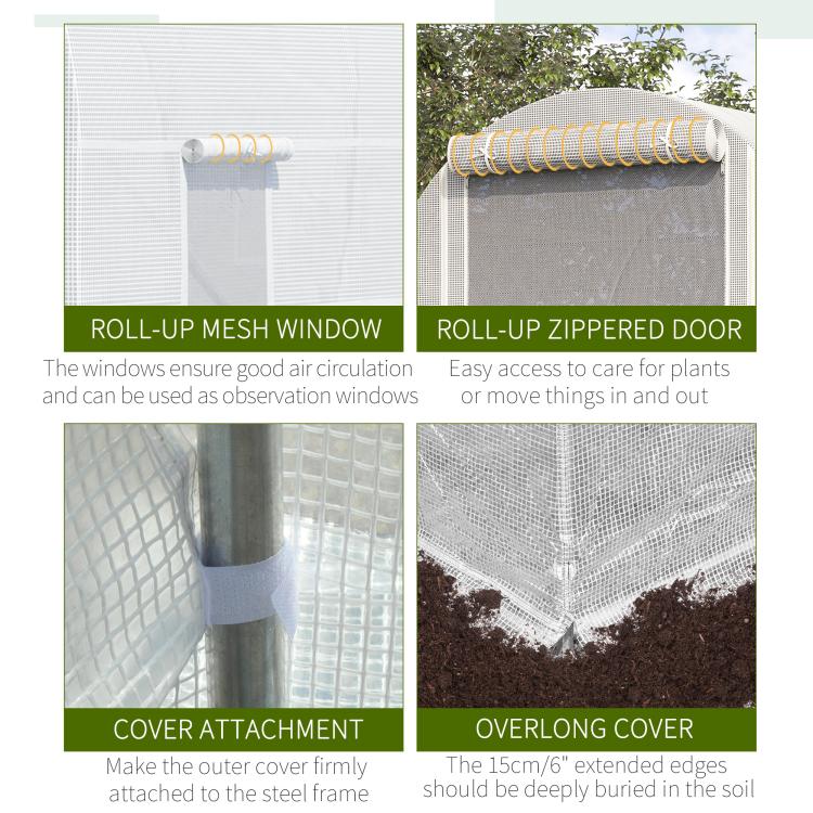 White greenhouse with roll-up mesh window and roll-up zippered door, close-up mesh