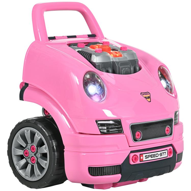 Pink kids mechanic toy car with open hood, chrome-style grille and working headlights