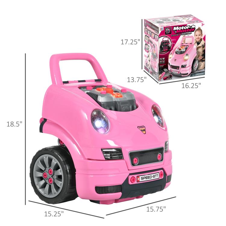 Pink mechanic car toy, front 3/4 view with open hood