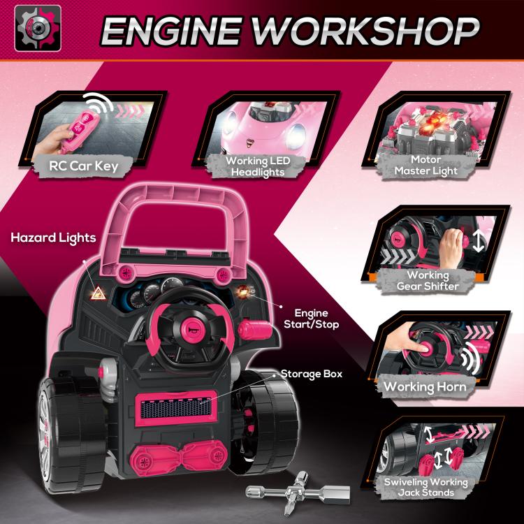 Pink mechanic car engine workshop toy with engine start and storage box