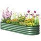 Green metal raised garden bed planter with safety edging, shown from side angle with blooms