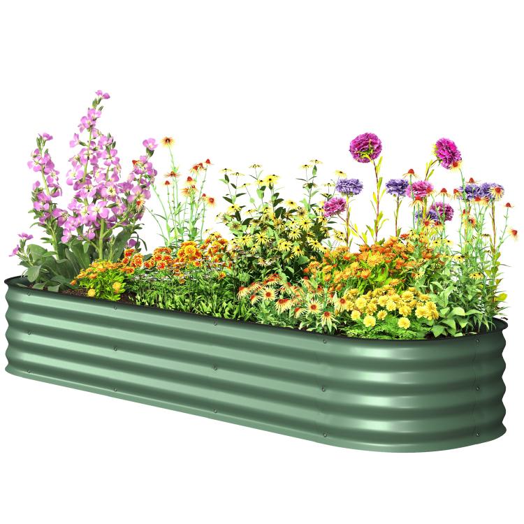Green metal raised garden bed planter with safety edging, shown from side angle with blooms