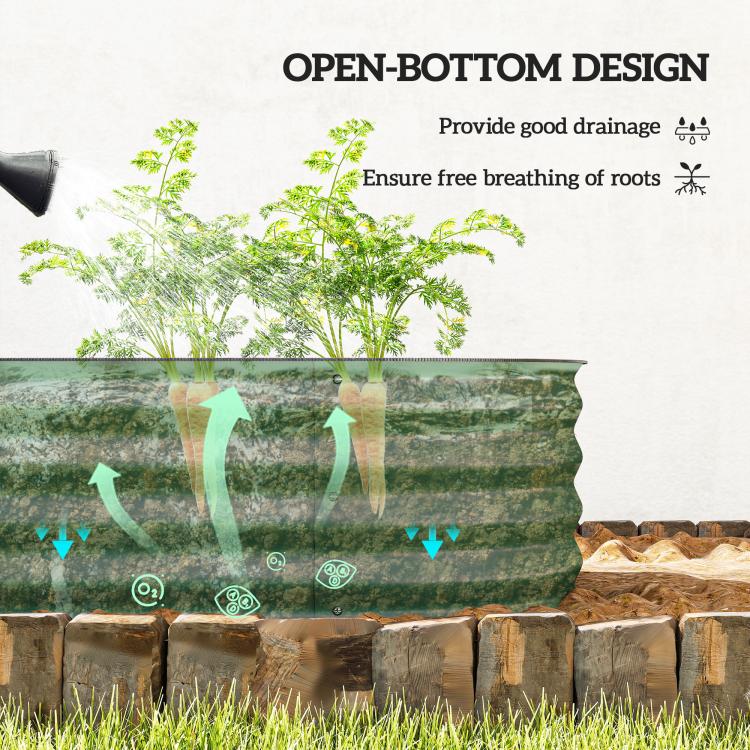 Green metal raised garden bed with open-bottom design, shown with drainage concept arrows