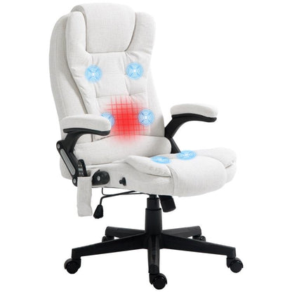 White massage office chair with high back, padded armrests, and reclining seat