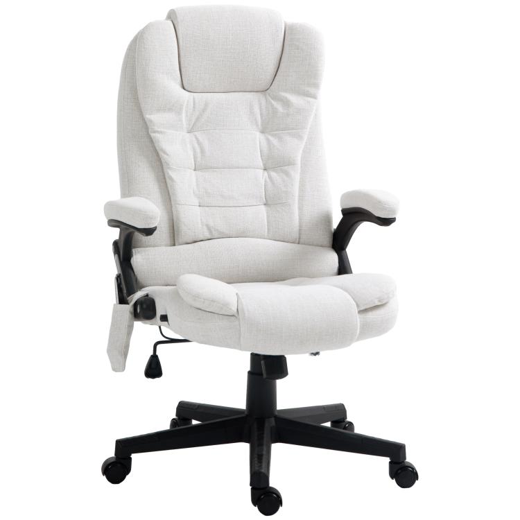 White high-back massage office chair with padded headrest and armrests, caster base