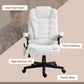 White linen-look office massage chair with padded recline, headrest and caster base