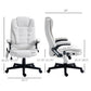 White massage office chair size view, high back, padded armrests, caster base